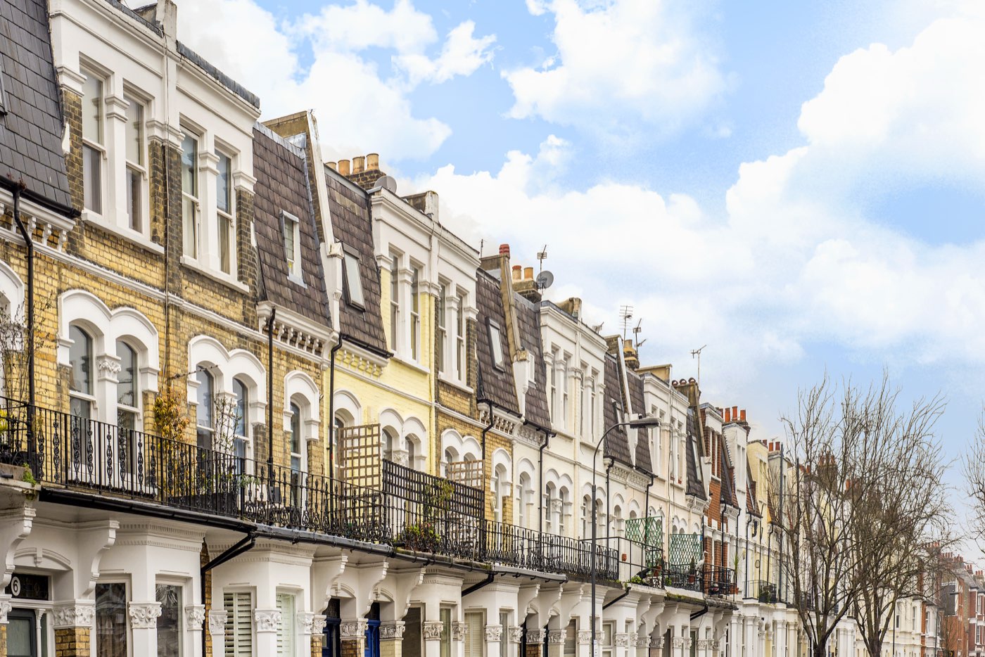 A colourful Victorian terrace street typical of Fulham