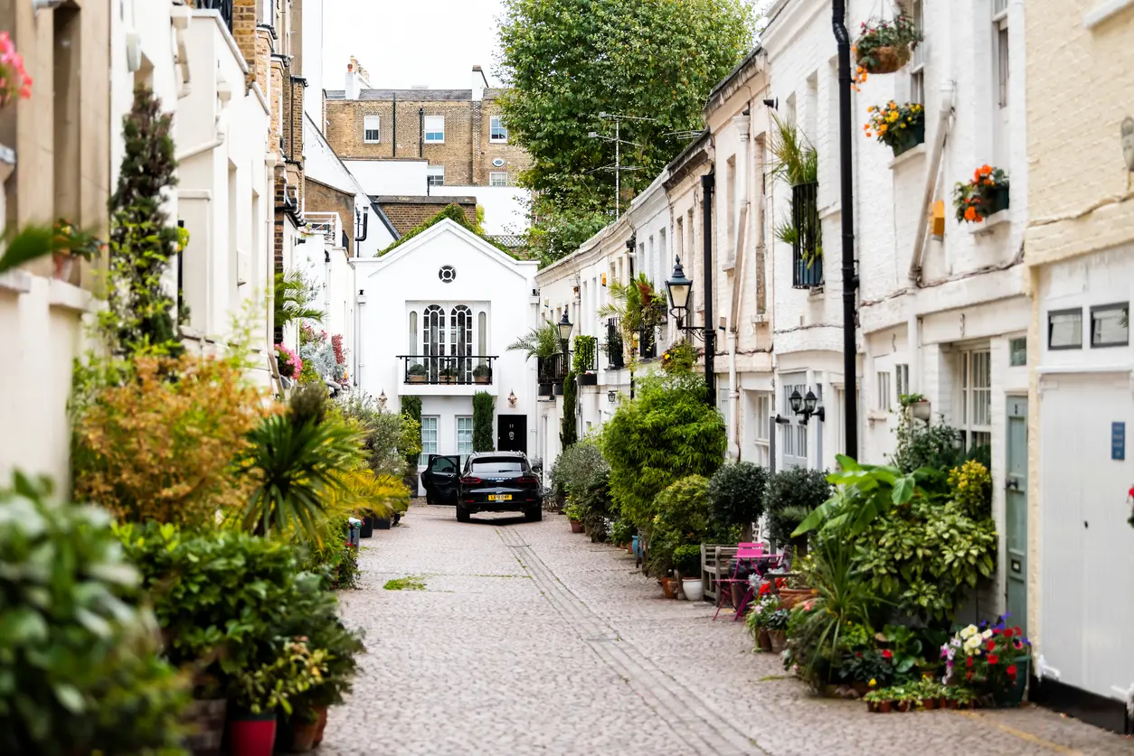 A quiet cobbled mews street in London