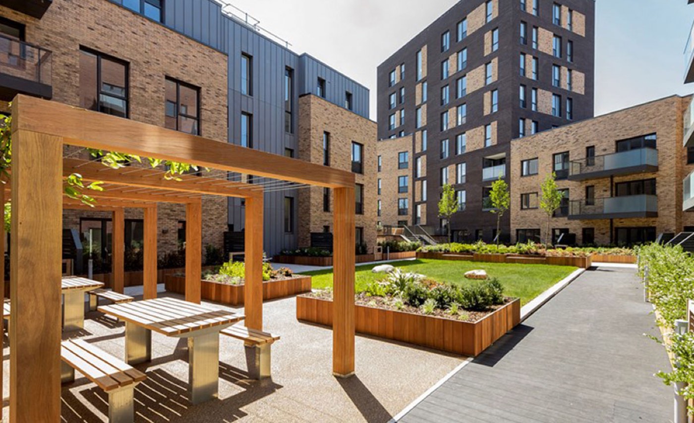 A landscaped courtyard typical of Peckham's newer developments