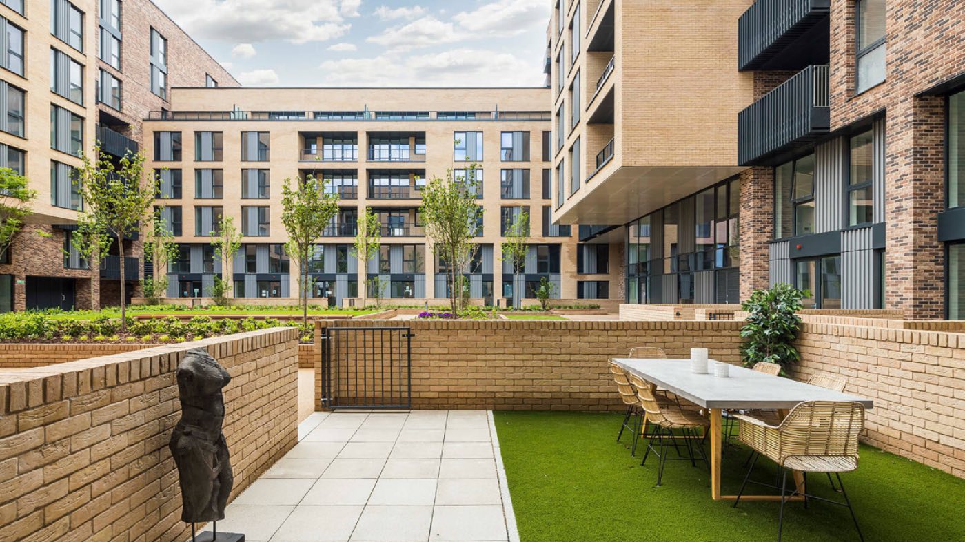 A landscaped courtyard typical of Wimbledon's newer developments